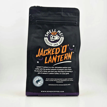 Black coffee bag labeled 'Jacked O' Lantern' on a white background
