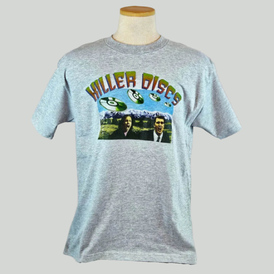 Gray t-shirt with 'Killer Disco' graphic on a mannequin against a white background