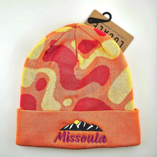 lava lamp-patterned beanie with 'Missoula' embroidery on a white background