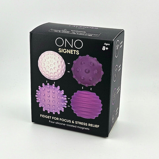 Box of ONO Signets fidget toys with purple and pink designs on a white background