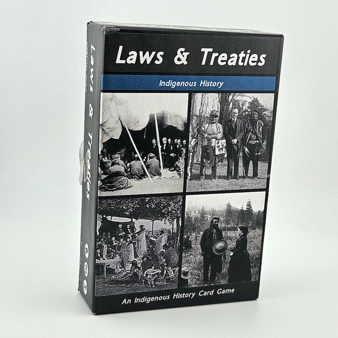 Card game box titled 'Laws & Treaties: Indigenous History' with black and white images on a white background