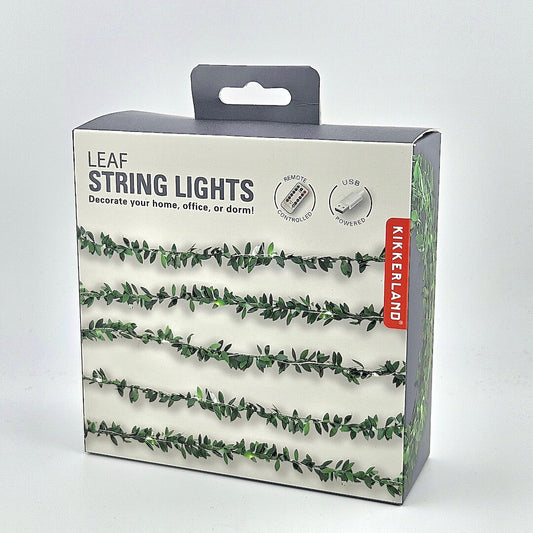 White and gray box with leaf string lights on front with red branding against white background.