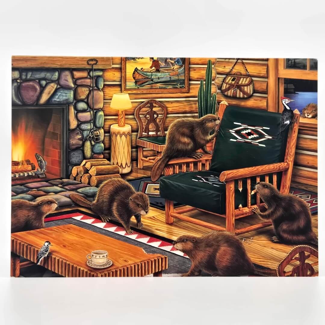 Illustration of beavers in a cabin setting with a fireplace and furniture.