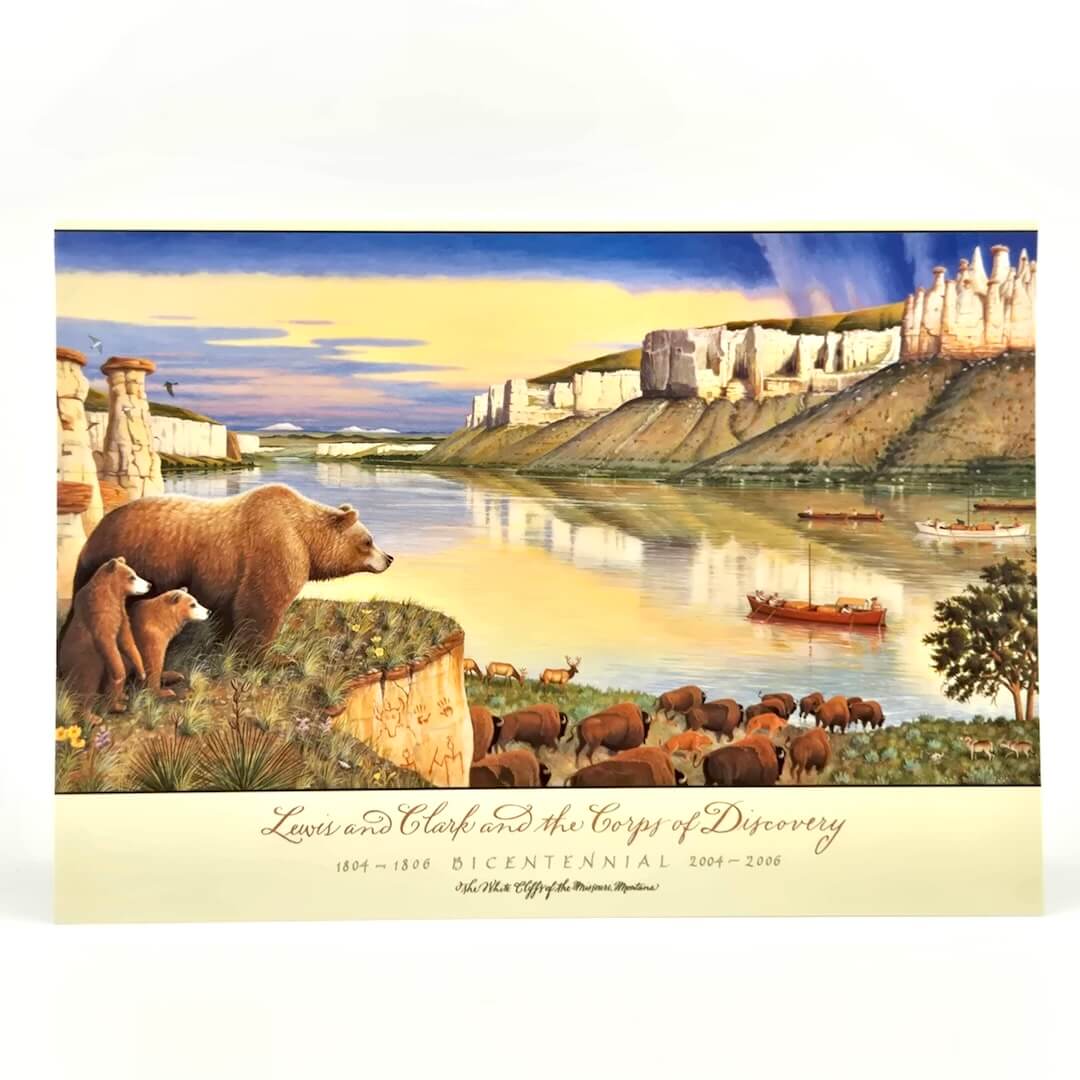Illustration of animals looking over a landscape with boats cruising along the river. 