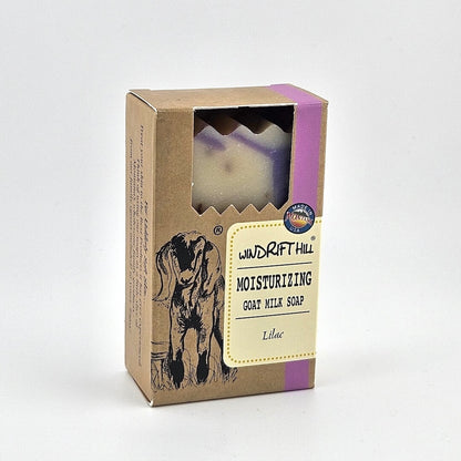Box of Windrift Hill moisturizing goat milk soap on a gray background