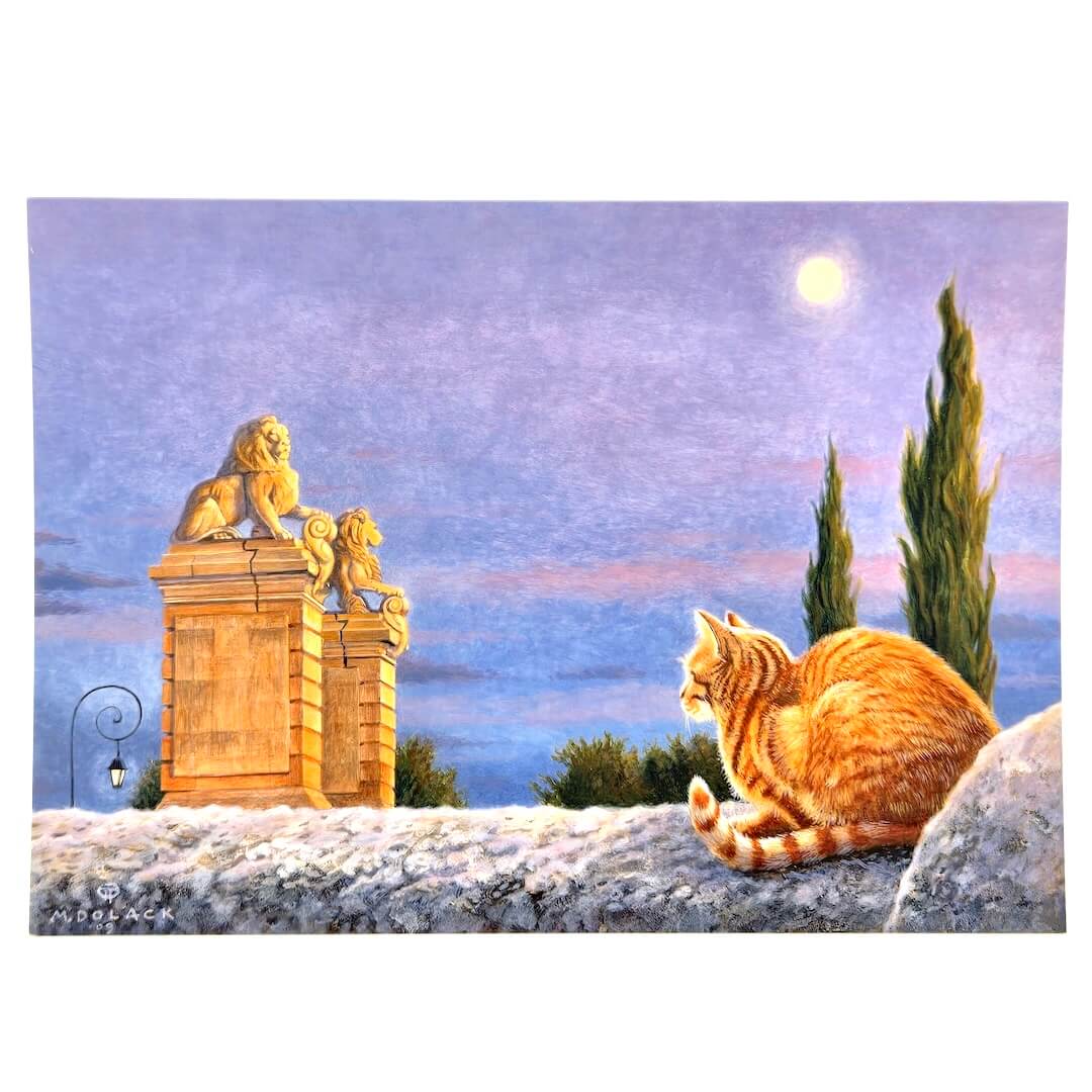 Cat sitting on a rock with a statue of lions and trees in the background under a moonlit sky.