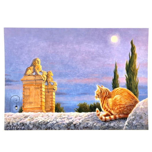 Cat sitting on a rock with a statue of lions and trees in the background under a moonlit sky.
