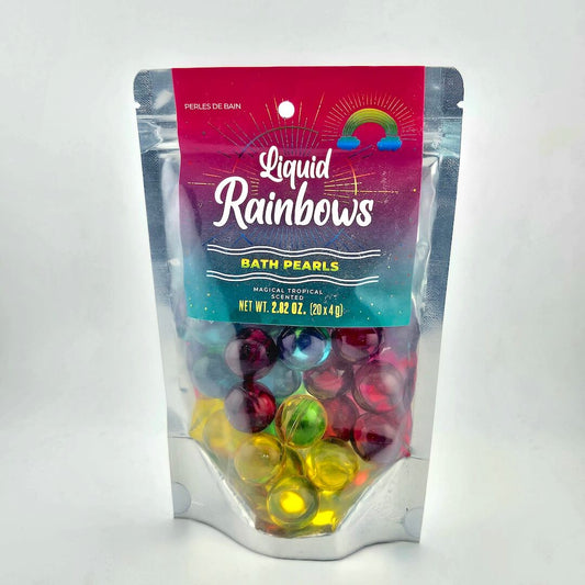 Packaging of Liquid Rainbows bath pearls with colorful beads inside on a white background