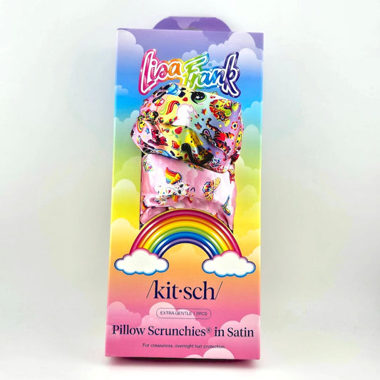 Lisa Frank branded scrunchies with Kitsch branded card against white background. 