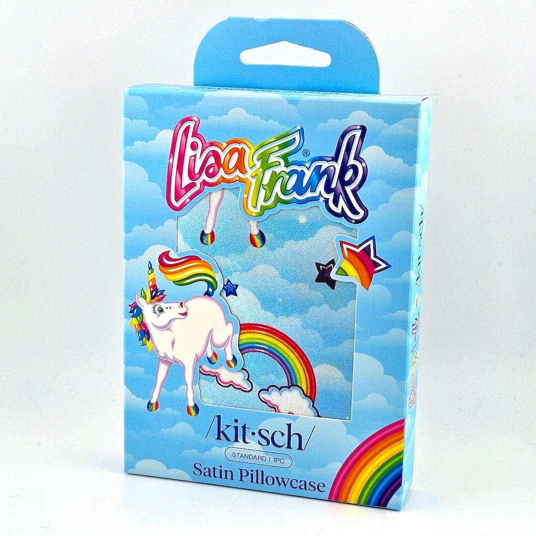 Colorful box with unicorn and rainbows for satin pillowcase against white background. 