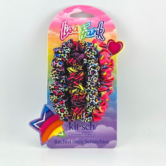 Packaged ruched satin scrunchies with Lisa Frank branding on a white background