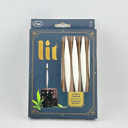 Green packaging for joint-shaped birthday candles against white background.