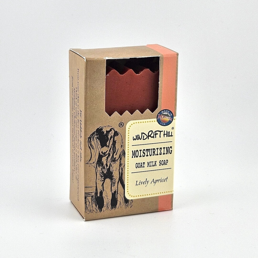 Box of Windrift Hill moisturizing goat milk soap on a gray background