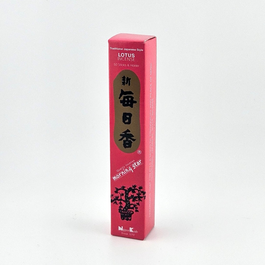 bright pink box of 50 incense sticks with Japanese writing above bonsai tree packaging on gray background.