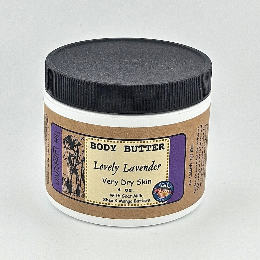 Jar of body butter labeled 'Lovely Lavender' on a gray background