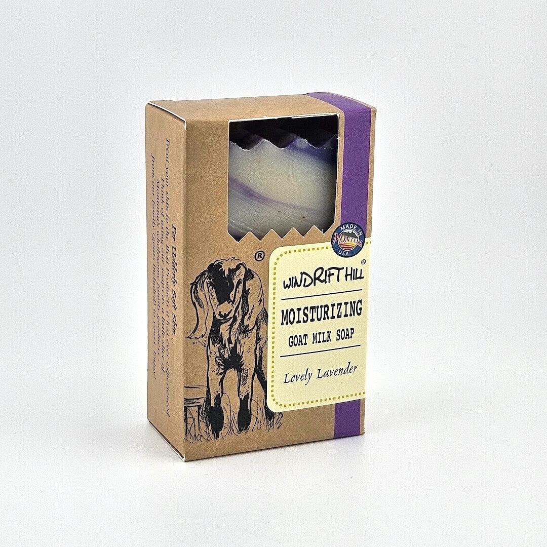 Box of Windrift Hill moisturizing goat milk soap with lavender scent on a white background