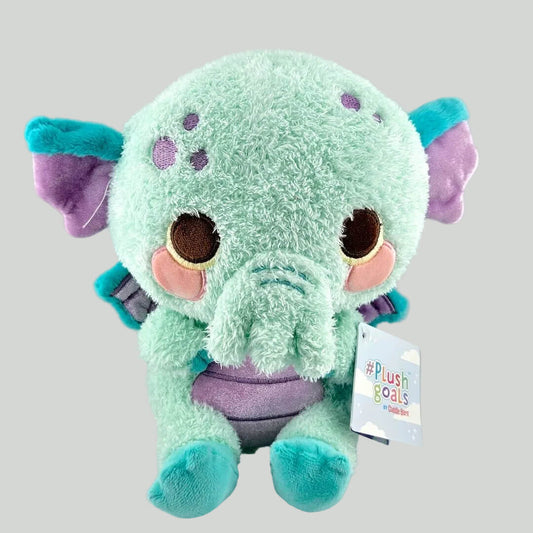 Plush toy with a tag on a light gray background