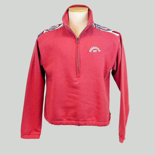 Red 1/4 zip sweater with "Missoula, MT" on breast against gray background. 