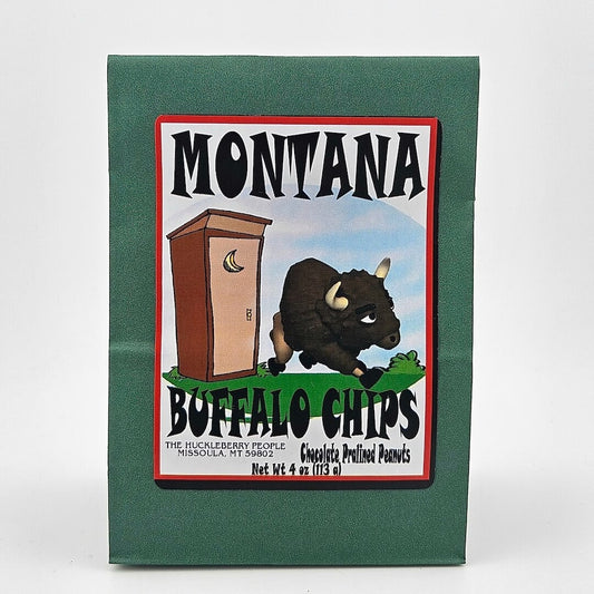 Green paper bag; label with image of buffalo walking away from outhouse framed with product info.