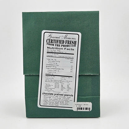 Back of green paper bag with sticker listing nutrition facts & ingredients.