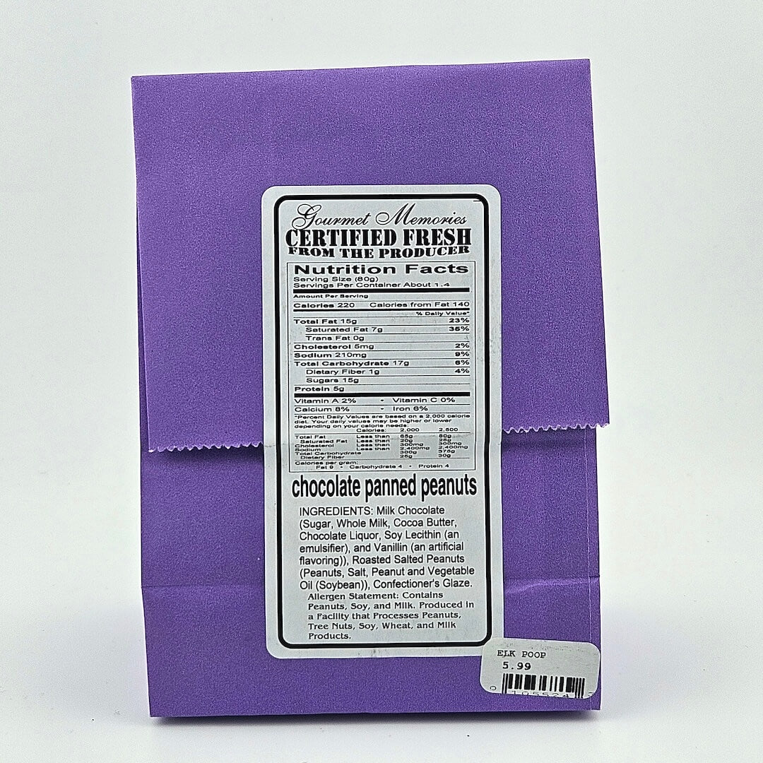 Back of purple paper bag with white sticker listing nutrition facts & ingredients in black print.