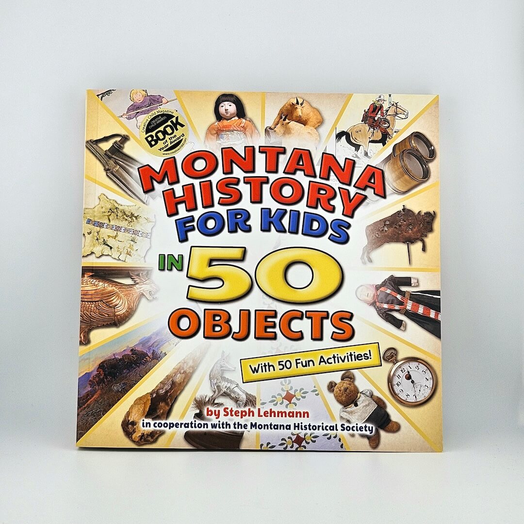 Book cover of 'Montana History for Kids in 50 Objects' with illustrations and text on a white background