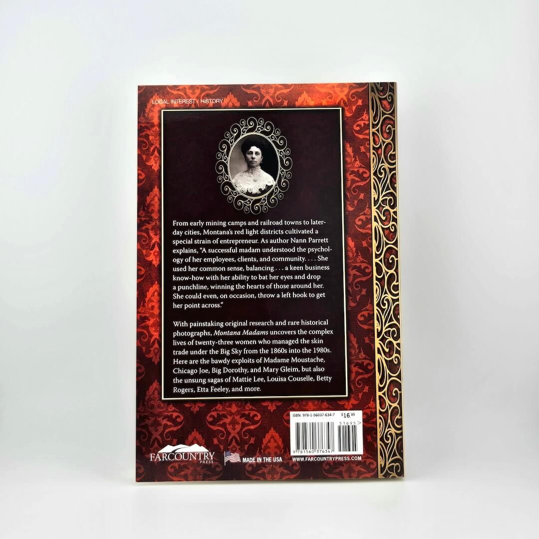 Book back cover with decorative red and black design and text on a white background