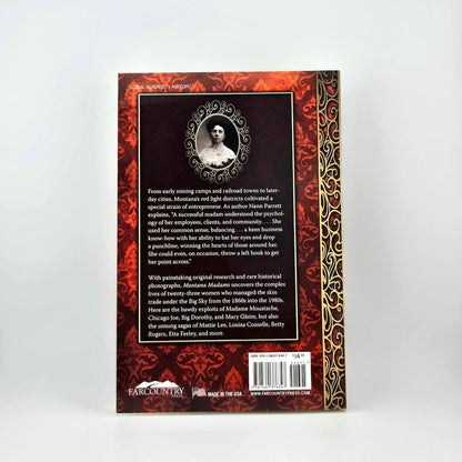 Book back cover with decorative red and black design and text on a white background