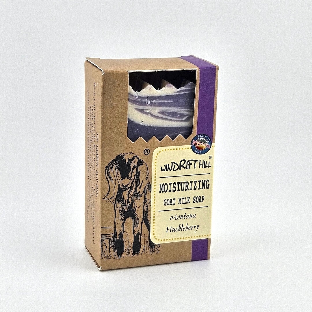 Box of Windrift Hill moisturizing goat milk soap on a gray background