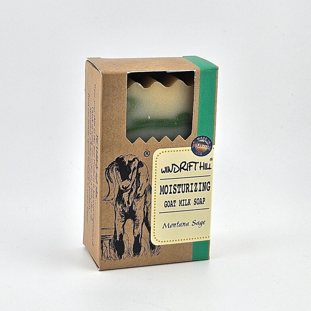 Box of Windrift Hill moisturizing goat milk soap on a gray background