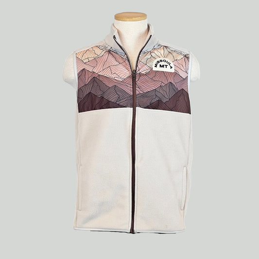 Vest with a patterned front panel across shoulders, displayed on a mannequin against a gray background