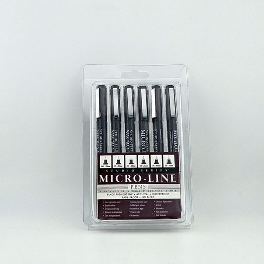 Clear package of six pens with black ink against white background.