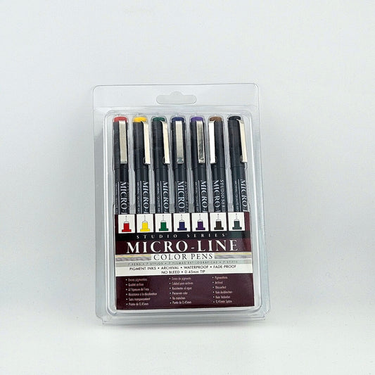 Clear packaging for set of seven felt tip colored ink pens. 