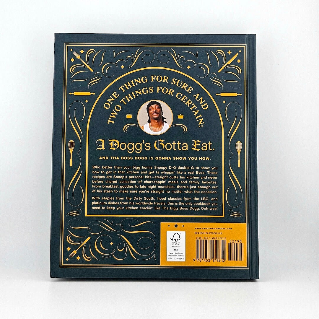 Backside of Snoop Dogg's cookbook with summary and barcode against white background.