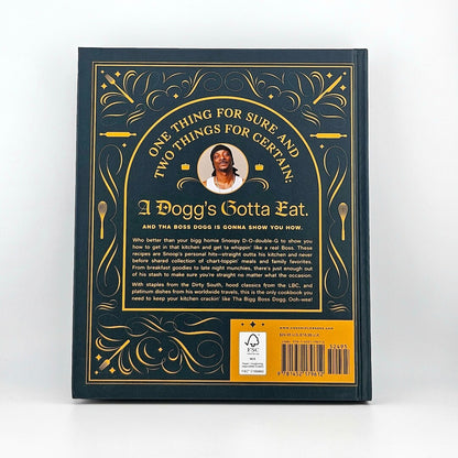 Backside of Snoop Dogg's cookbook with summary and barcode against white background.