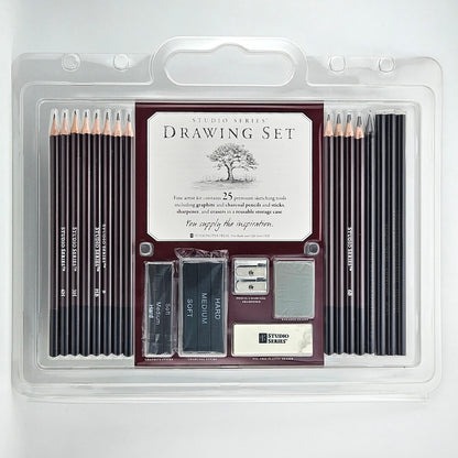 Drawing Set with pencils, charcoal, sharpeners and erasers in clear packaging against white background.