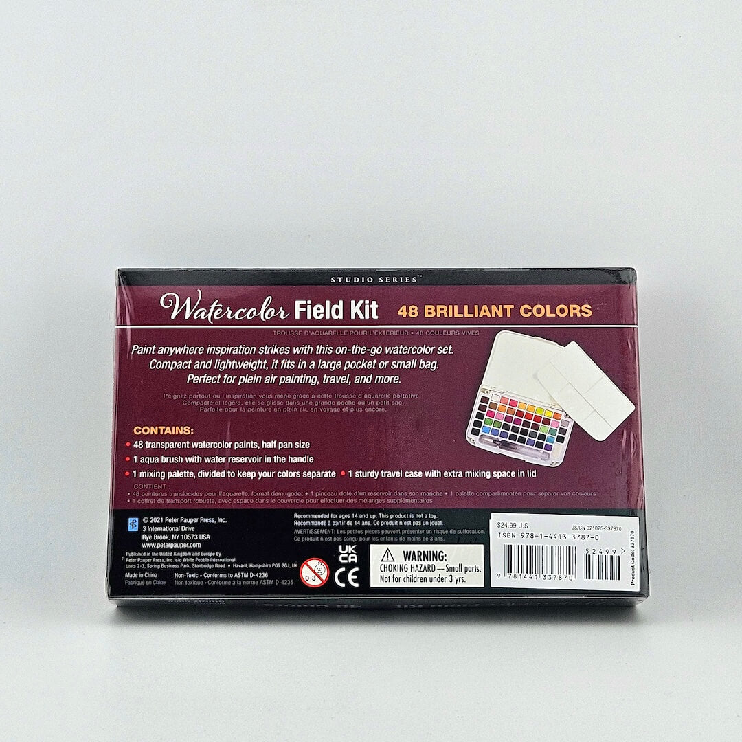 Watercolor field kit packaging against white background.