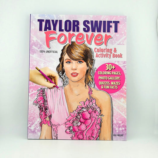 Taylor Swift Forever coloring book with illustration of Swift being colored in by hand against white background.