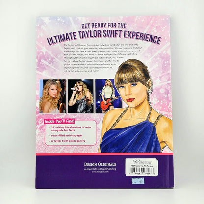 Back of coloring book with summary and product information against white background.