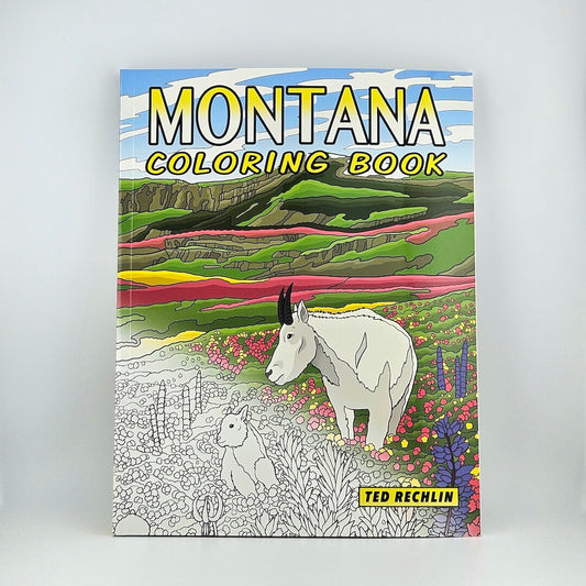 Montana Coloring book with half colored illustration of goat in mountain landscape.