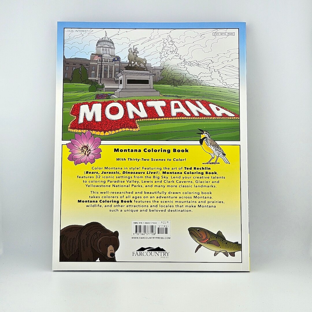 Back of Montana Coloring book with summary and product information