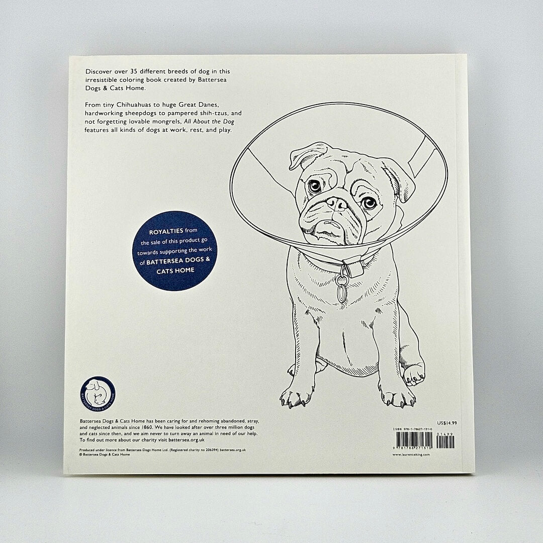 Back of white book with illustration of pug with collar against white background.