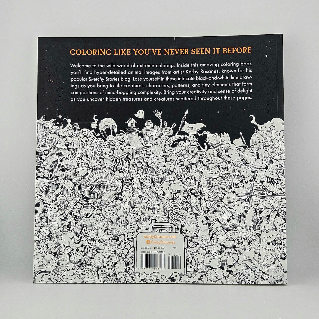 Backside of coloring book with crowd of small creature illustrations. 