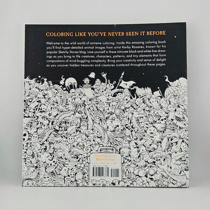 Backside of coloring book with crowd of small creature illustrations. 