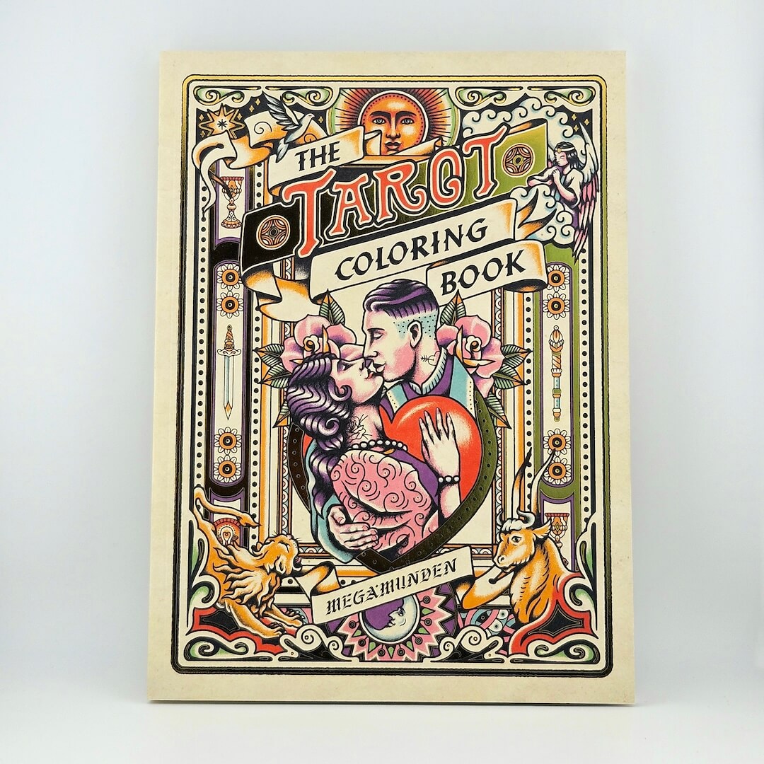 Colorful cover for Tarot Coloring Book against white background.