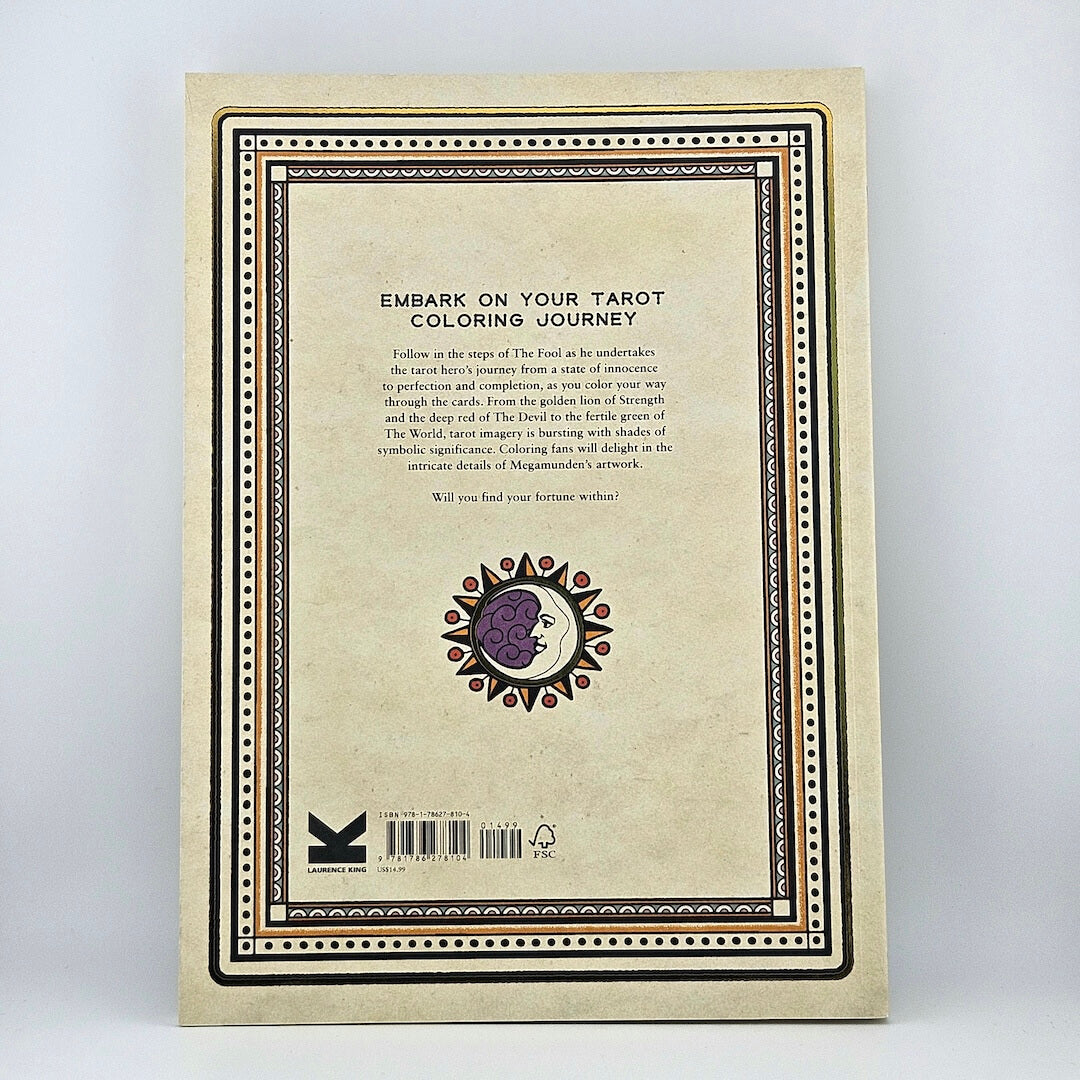 Back of Tarot Coloring Book with summary against white background.