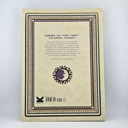 Back of Tarot Coloring Book with summary against white background.
