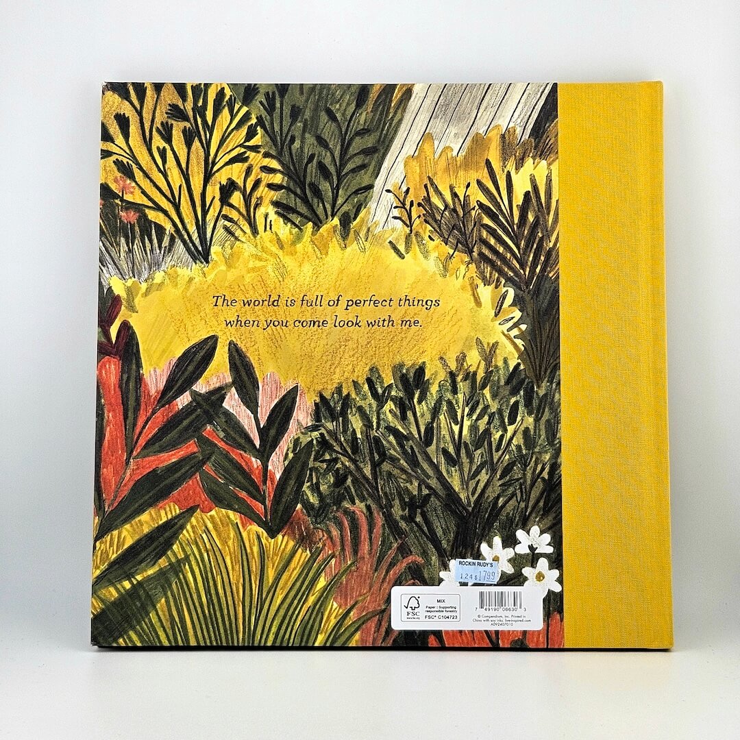 Backside of yellow book with watercolor like illustrations with barcode in corner against white background. 