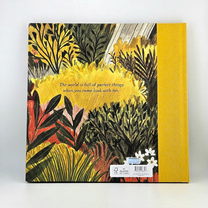 Backside of yellow book with watercolor like illustrations with barcode in corner against white background. 