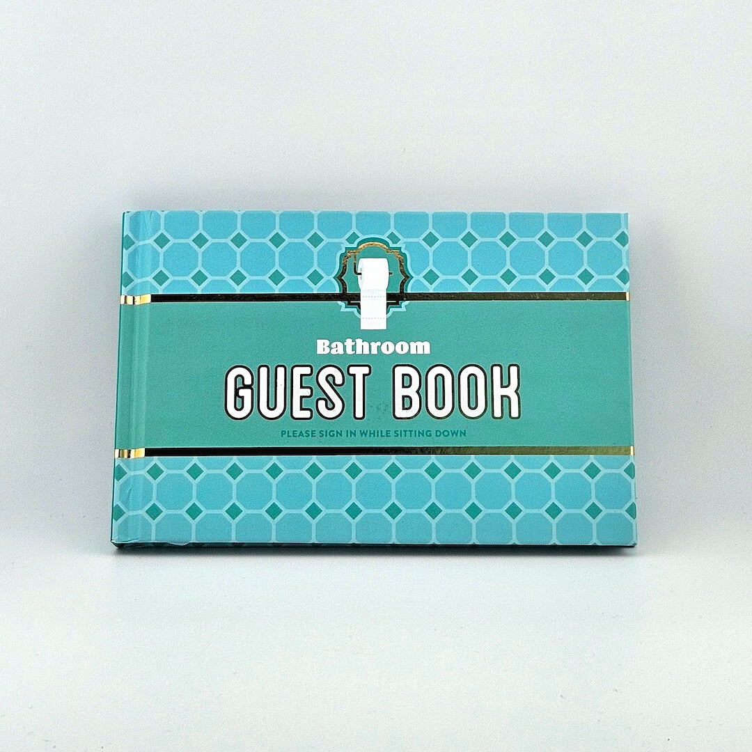 Cover of turquoise book "Bathroom Guest Book" against white background.